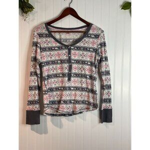 Victorias Secret Womens Fair Isle Long Sleeve Henley Top M/M Cotton Blend
